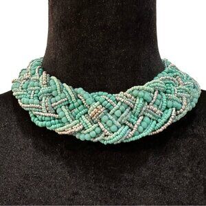 Handcrafted Woven Beaded Necklace With Turquoise & Silver Beads
